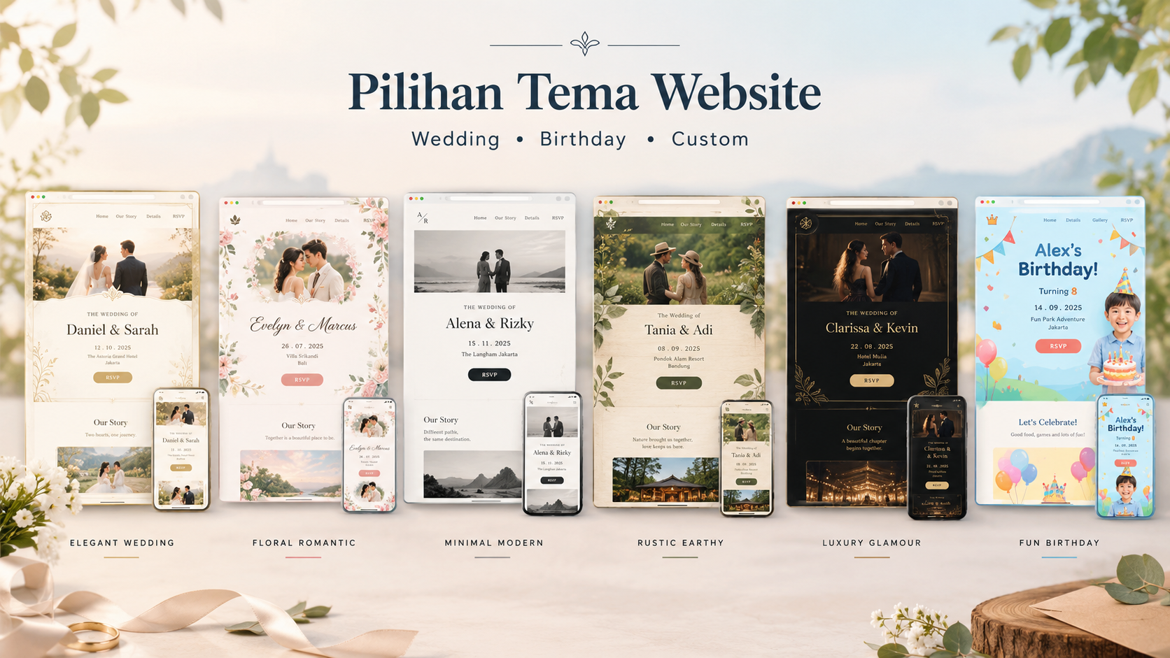 Pilihan Tema Website Undangan Digital - Wedding, Birthday, Custom